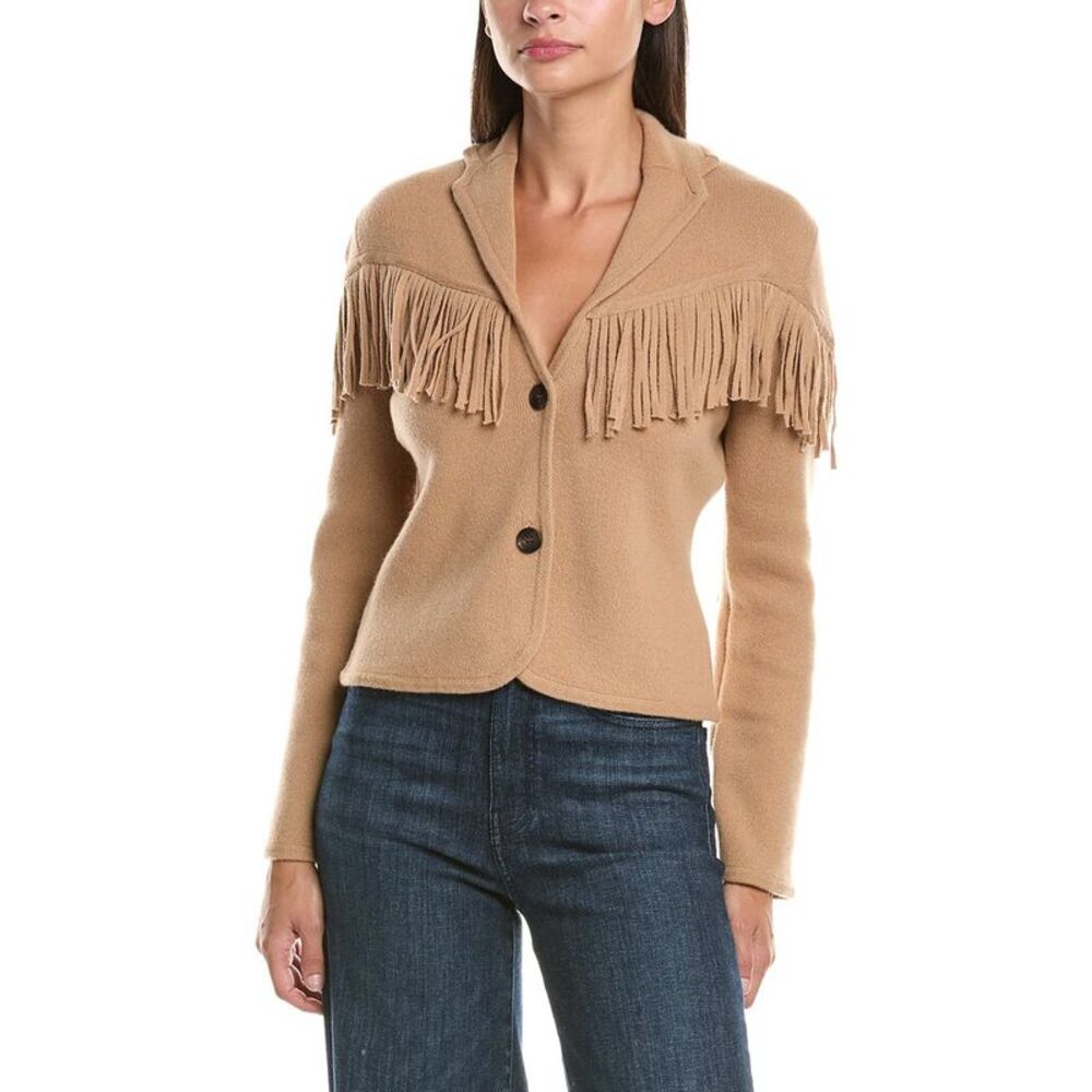 Hannah Rose Womens Merino Wool Fringe Blazer, Tan